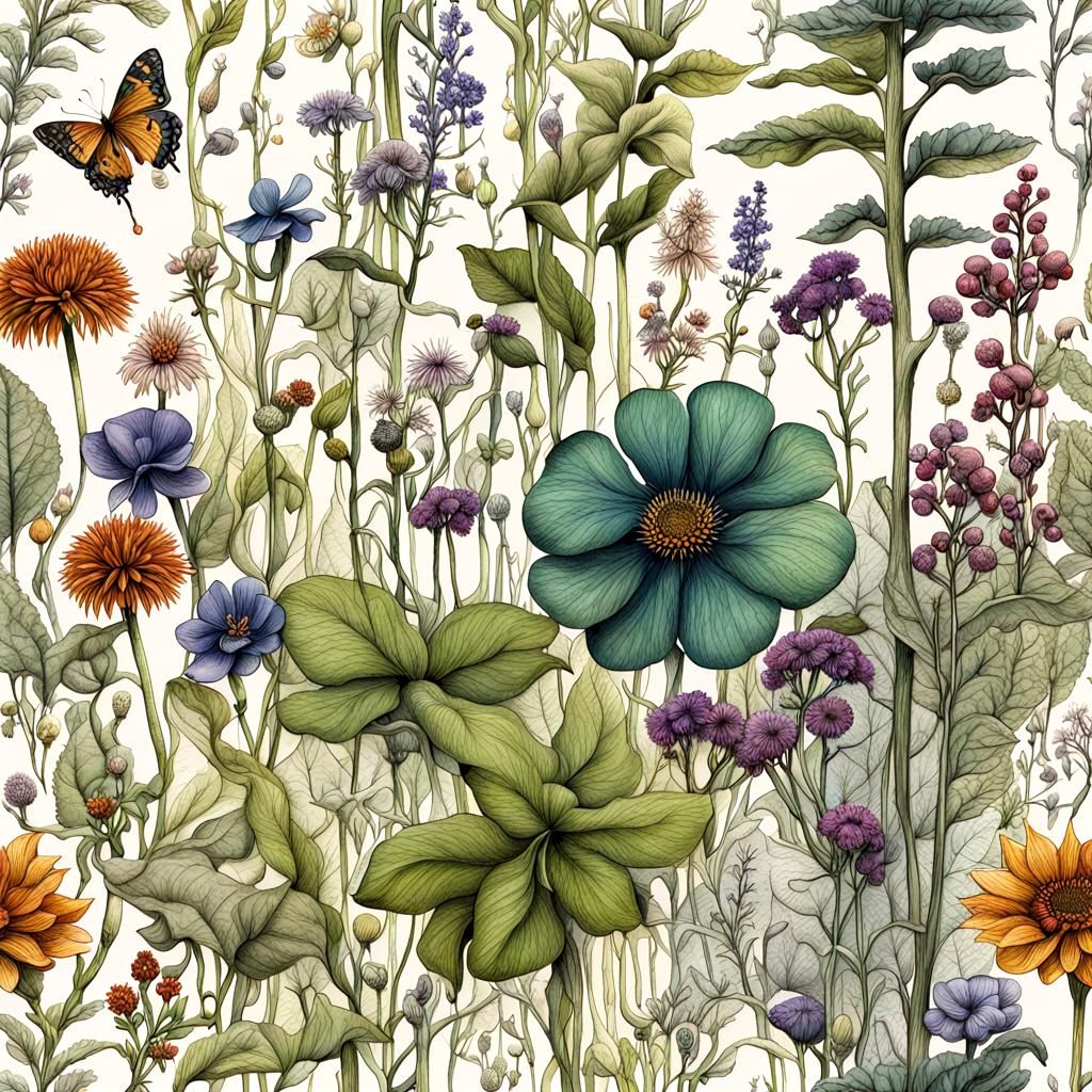 Intricate Botanical Ink Drawing of Medicinal Plants