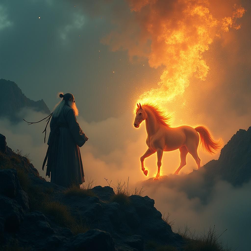 Ethereal Neon Horse in Fiery Mountain Storm
