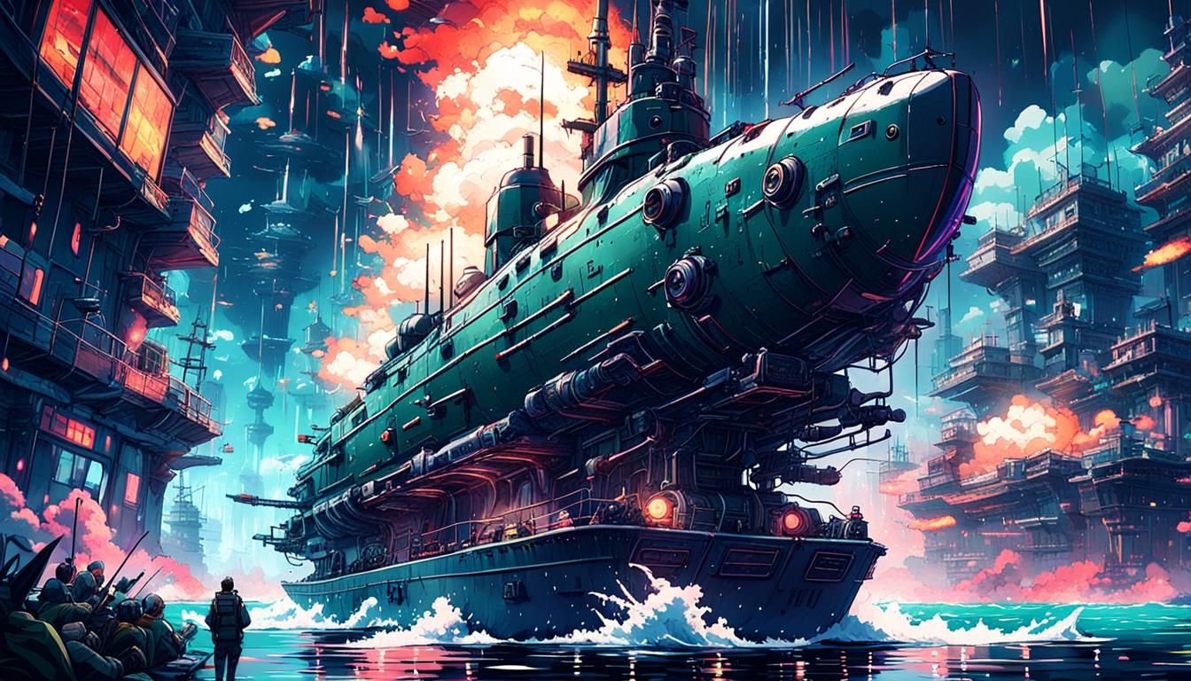 Cyberpunk Submarine Torpedo Attack in Anime Style