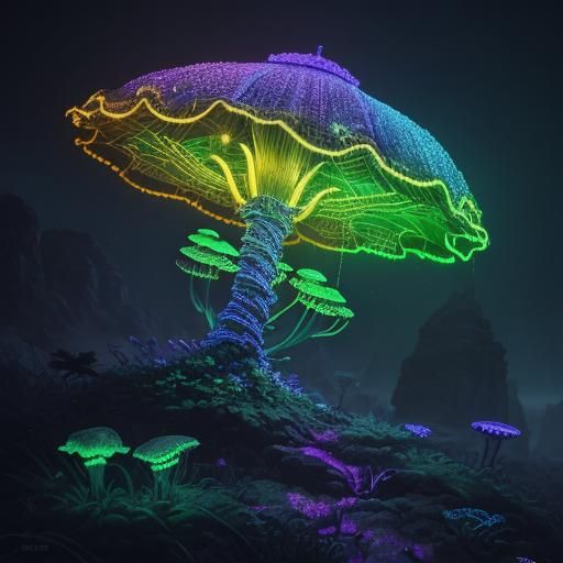 Glowing Mushroom Staircase in a Neon Fairytale