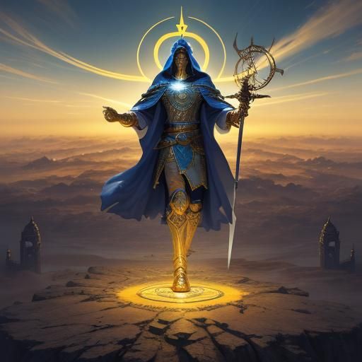 Radiant Divine Figure with Khanda Sword in Fantasy Style