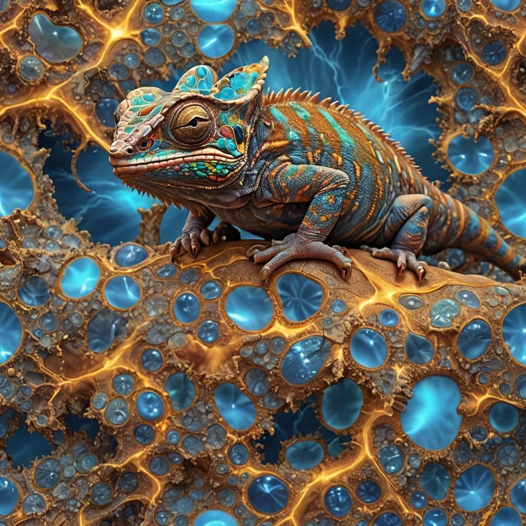 Hyperrealistic Chameleon in a Fractal Paradise