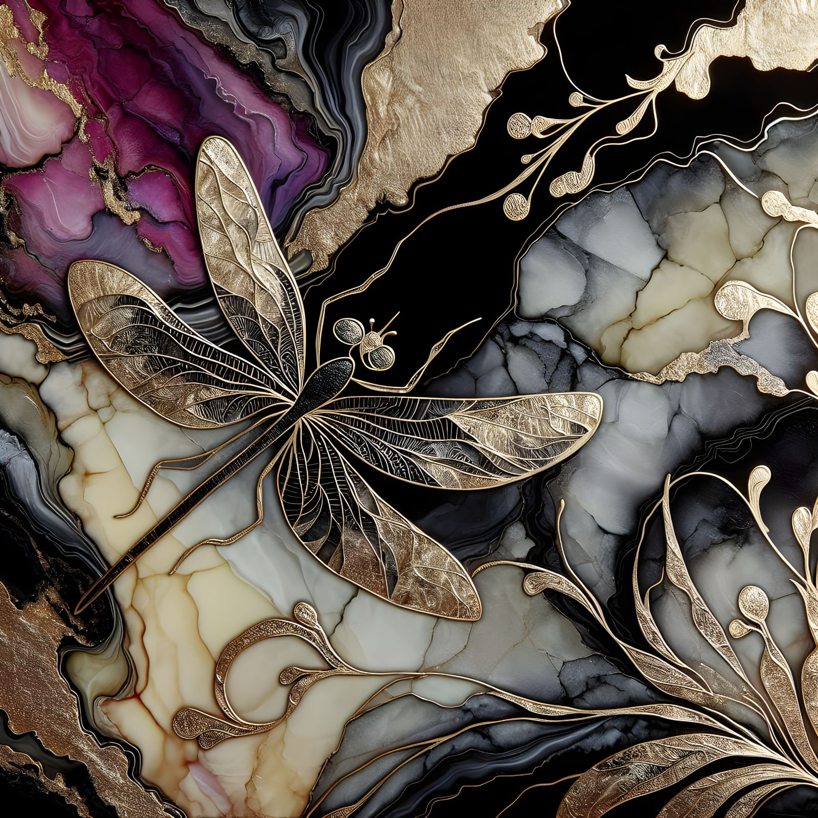 Vibrant Abstract Artwork in Dark Stone with Gold Dragonfly