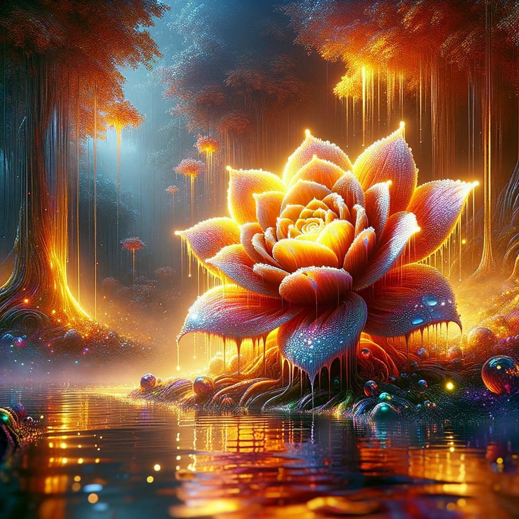 Fantastical Forest Scene with Glowing Flower in Liquid Gold