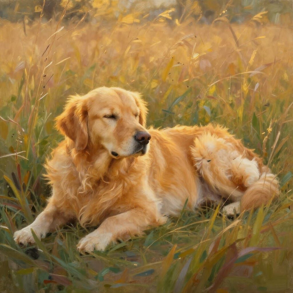 Golden Retriever in Golden Hour Meadow, Impressionist Style