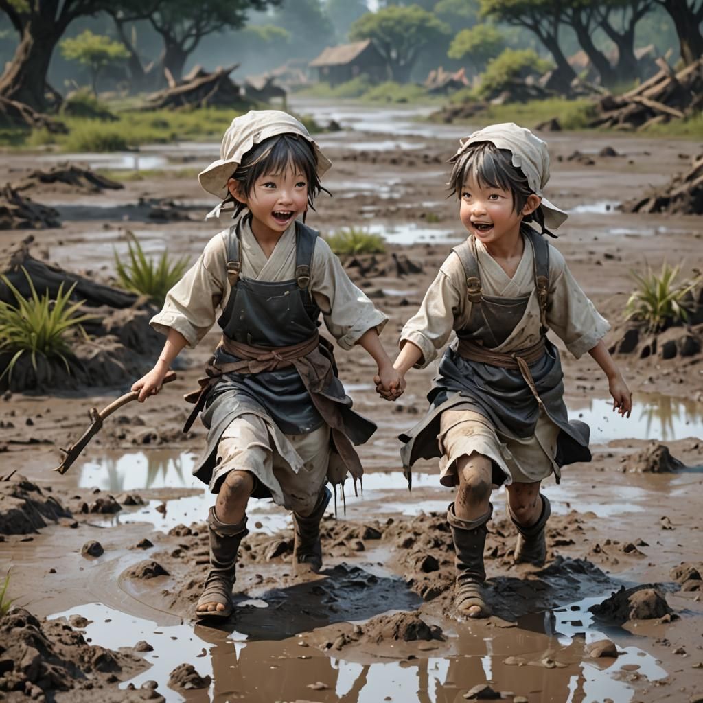 Mystical World: Siblings' Muddy Adventure in Anime Style