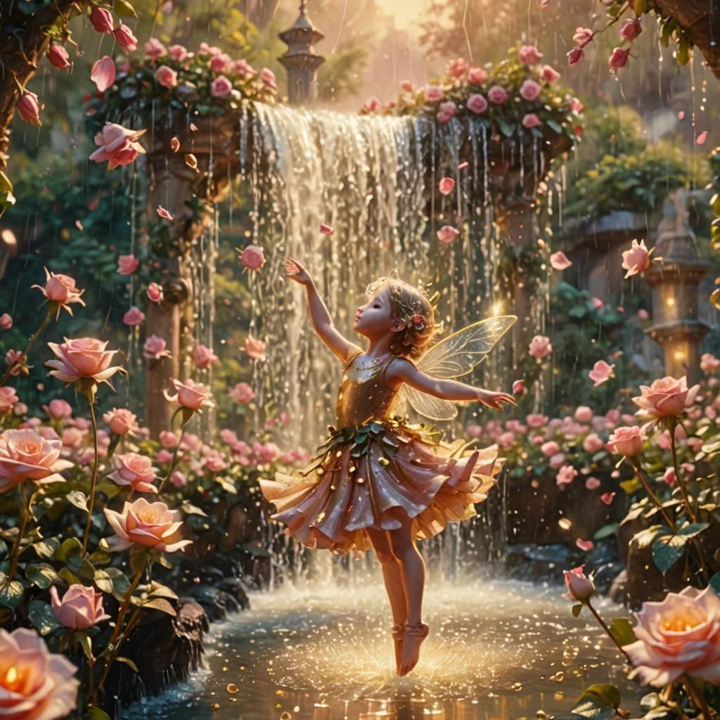 Fairies Dancing in Rose Garden Waterfall as Oil Painting