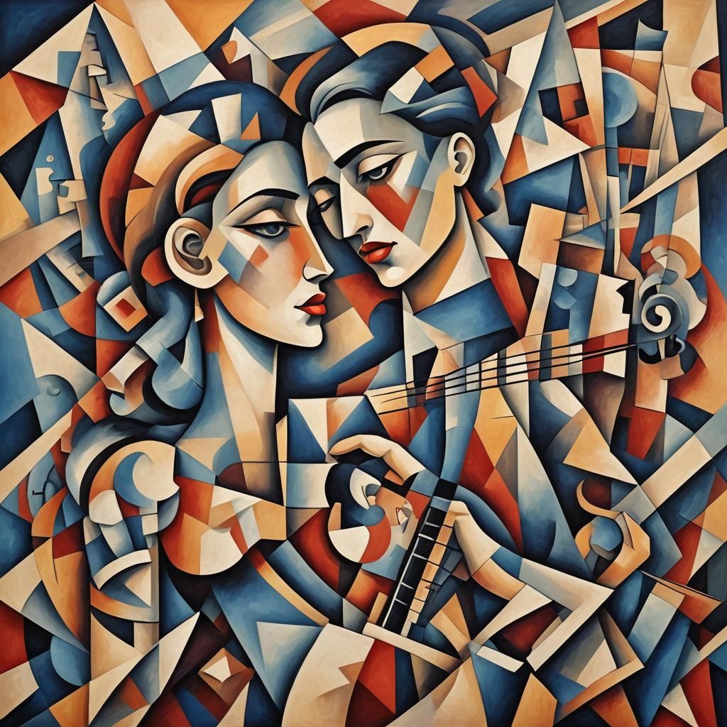 Dreamy Cubist Painting of Musical Love in Geometric Fauvism