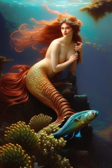 Mermaid Fantasy Princess Red Long Hair