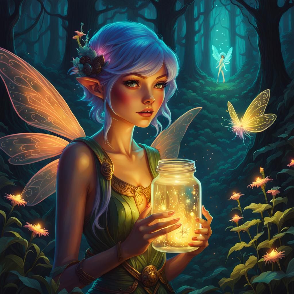 Glowing Fairy with Fireflies in Eldritch Forest