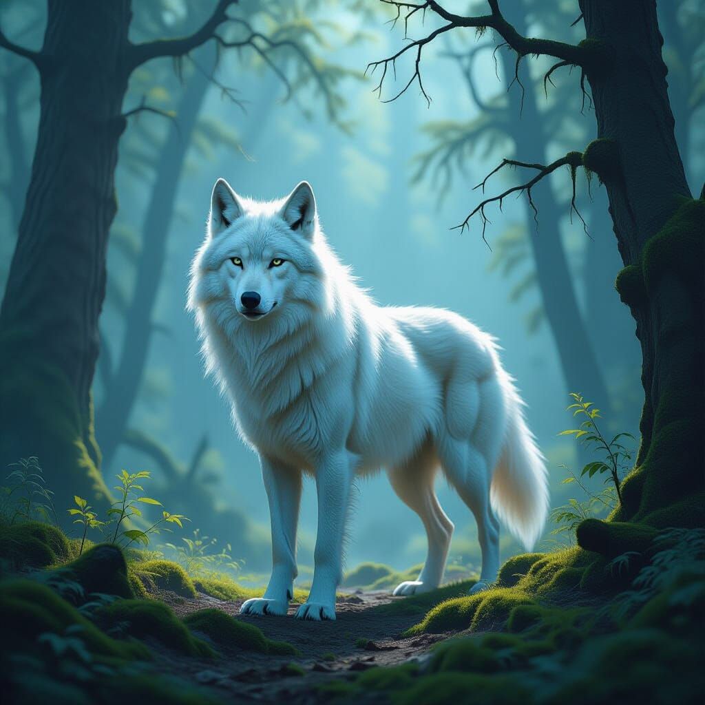 Majestic White Wolf in Misty Forest Clearing Oil Painting