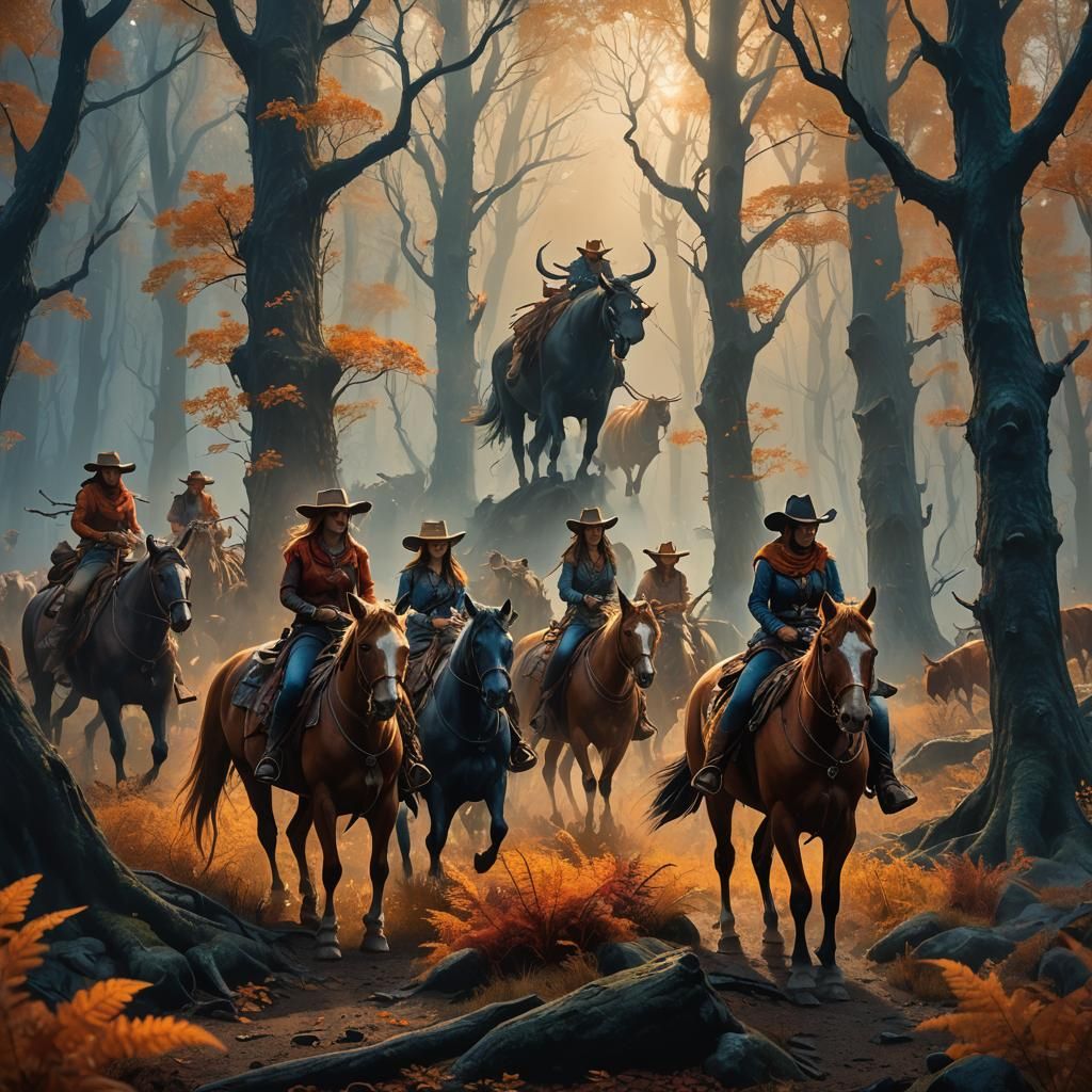 Cowgirls Rounding Up Magical Cattle in Mystical Forest