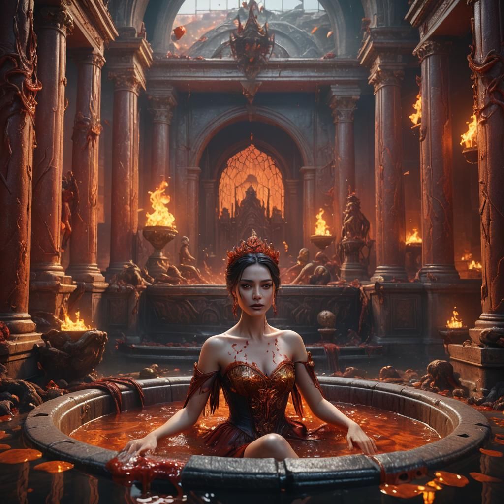 Hot Princess Bathing in Hell: Detailed Matte Painting