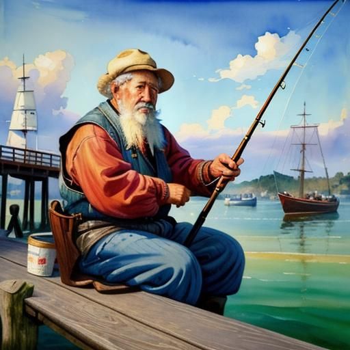 Fisherman on Pier in Gouache Style