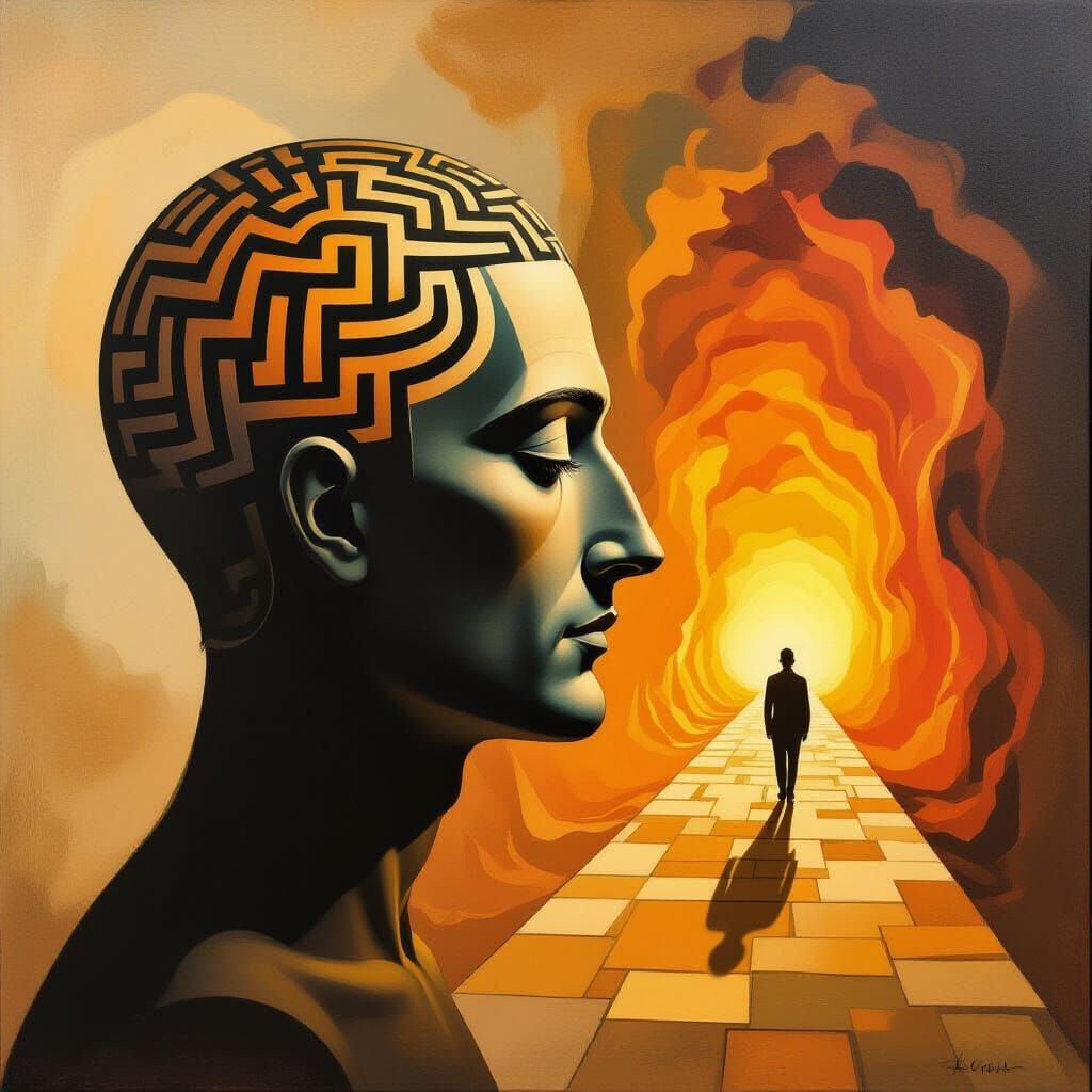 Surreal Maze Pathway to Distant Figure