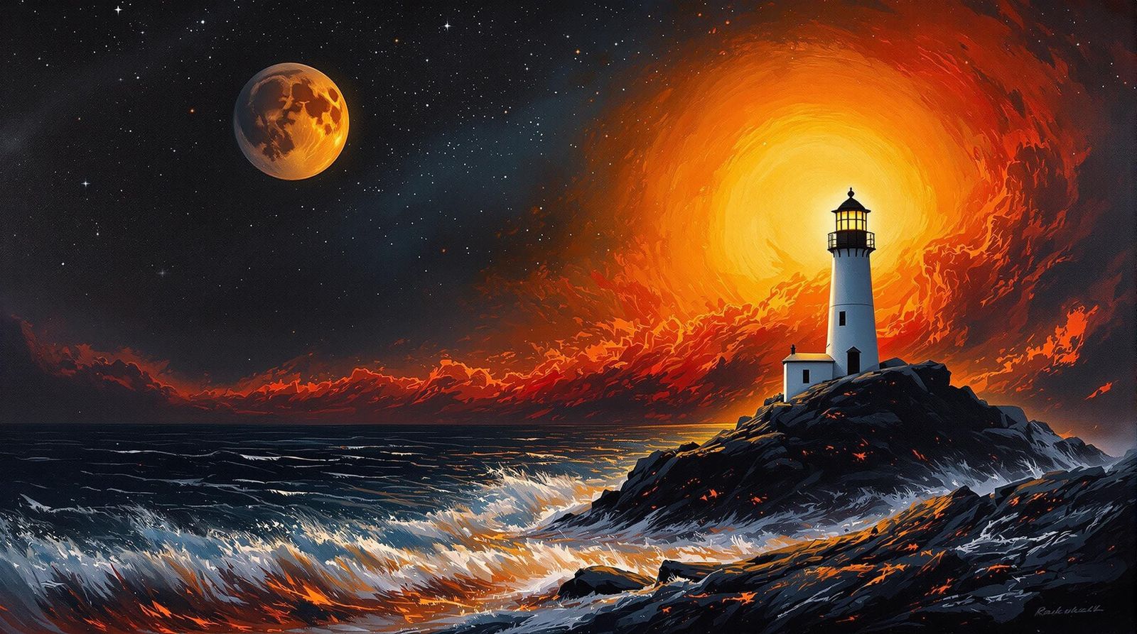 Surreal Lighthouse Illuminates Fiery Cosmos