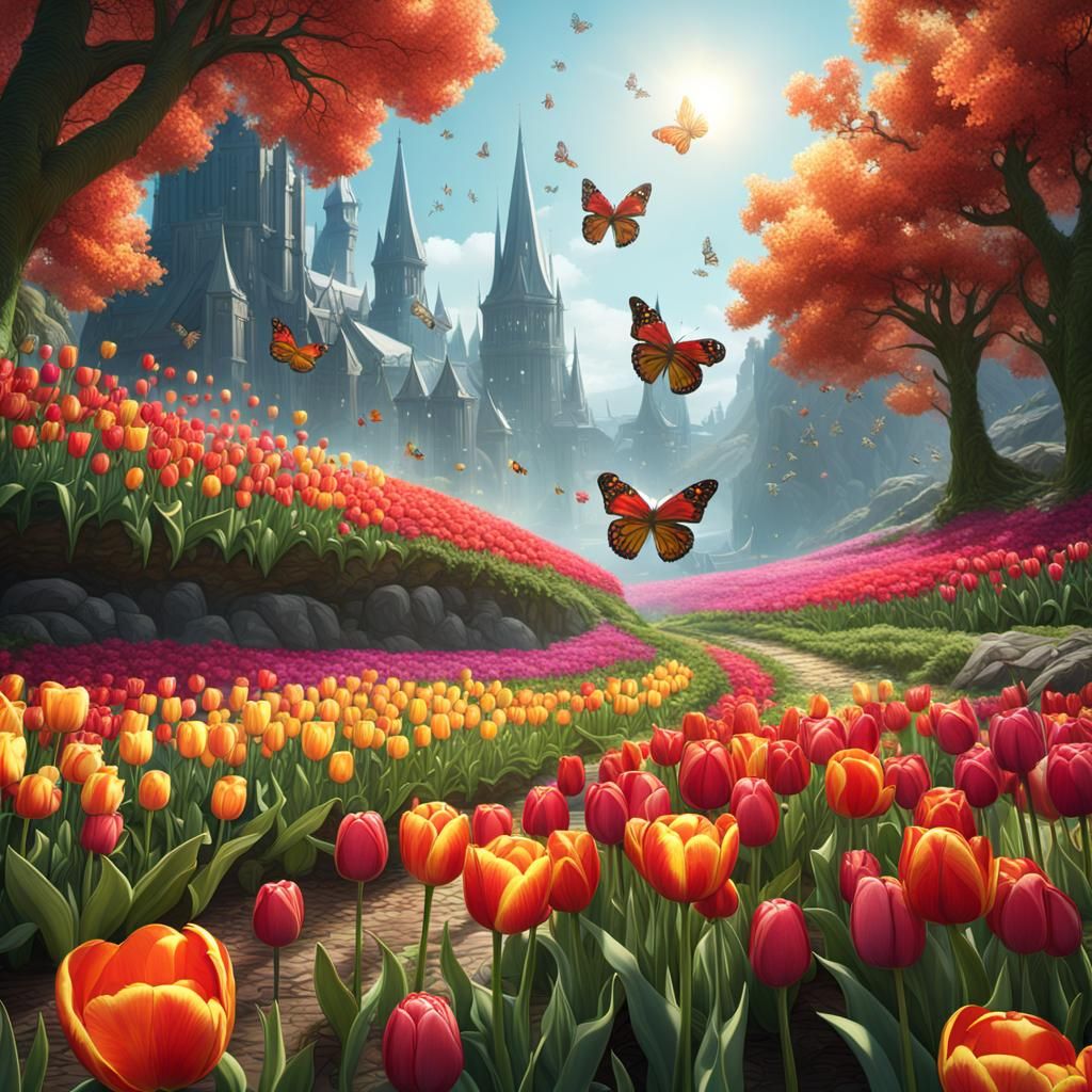 Lush Tulip Field with Dragonflies, Matte Painting