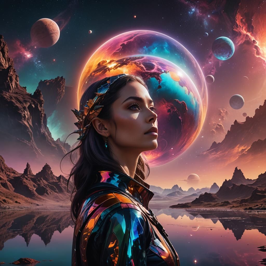 Alien Worlds Reflected in a Woman's Gaze