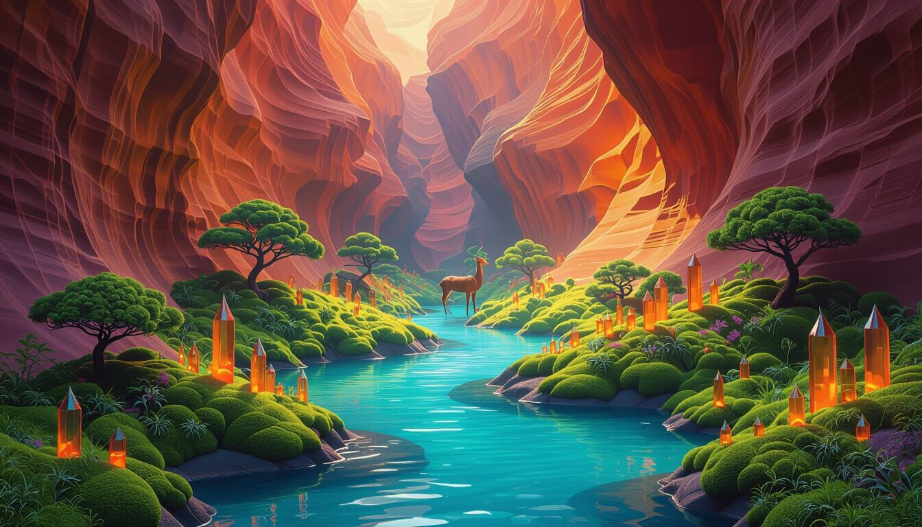 Ethereal Antelope Canyon With Mossy Bonsai And Glass Spires