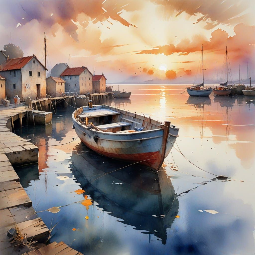 Docked Boat at Sunset in Watercolour Style
