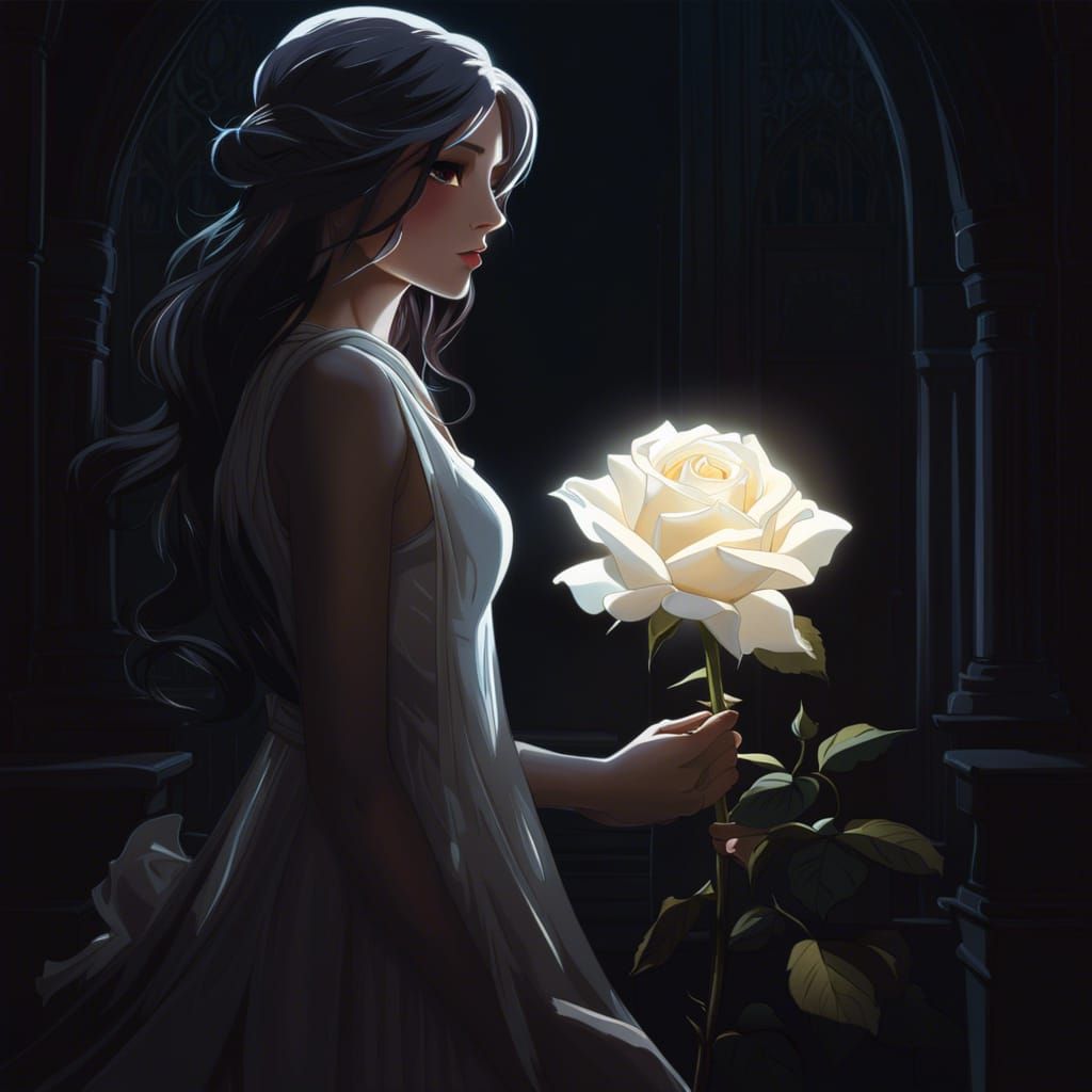 Glowing Rose in Dark, Waterhouse and Anime Style
