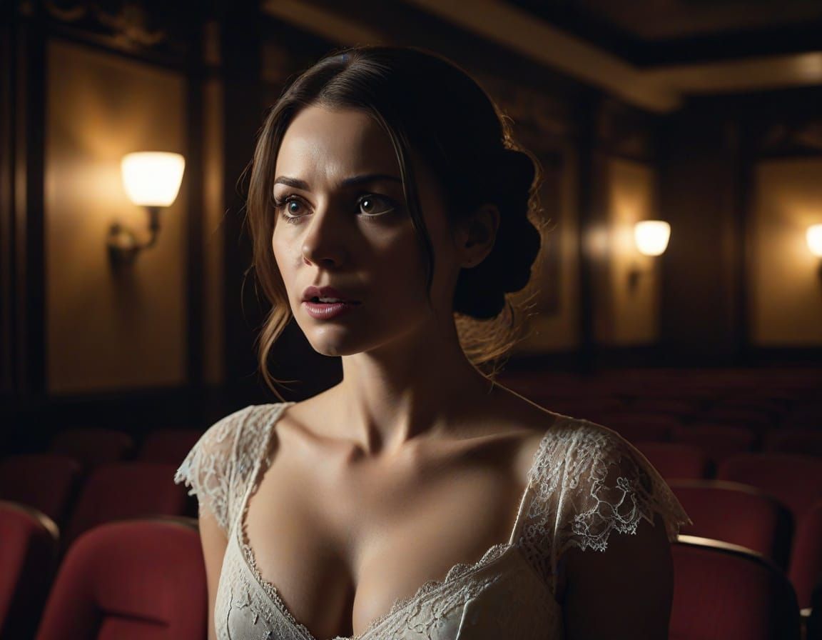 Frightened Woman in Glaucous Cinema: Film Still