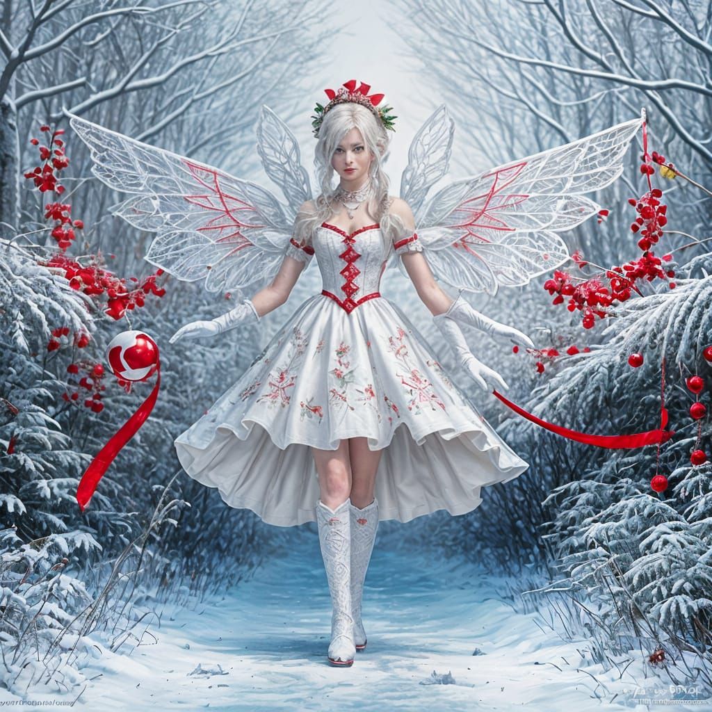 Christmas Fairy on Snowy Path, Vintage Card Art Style