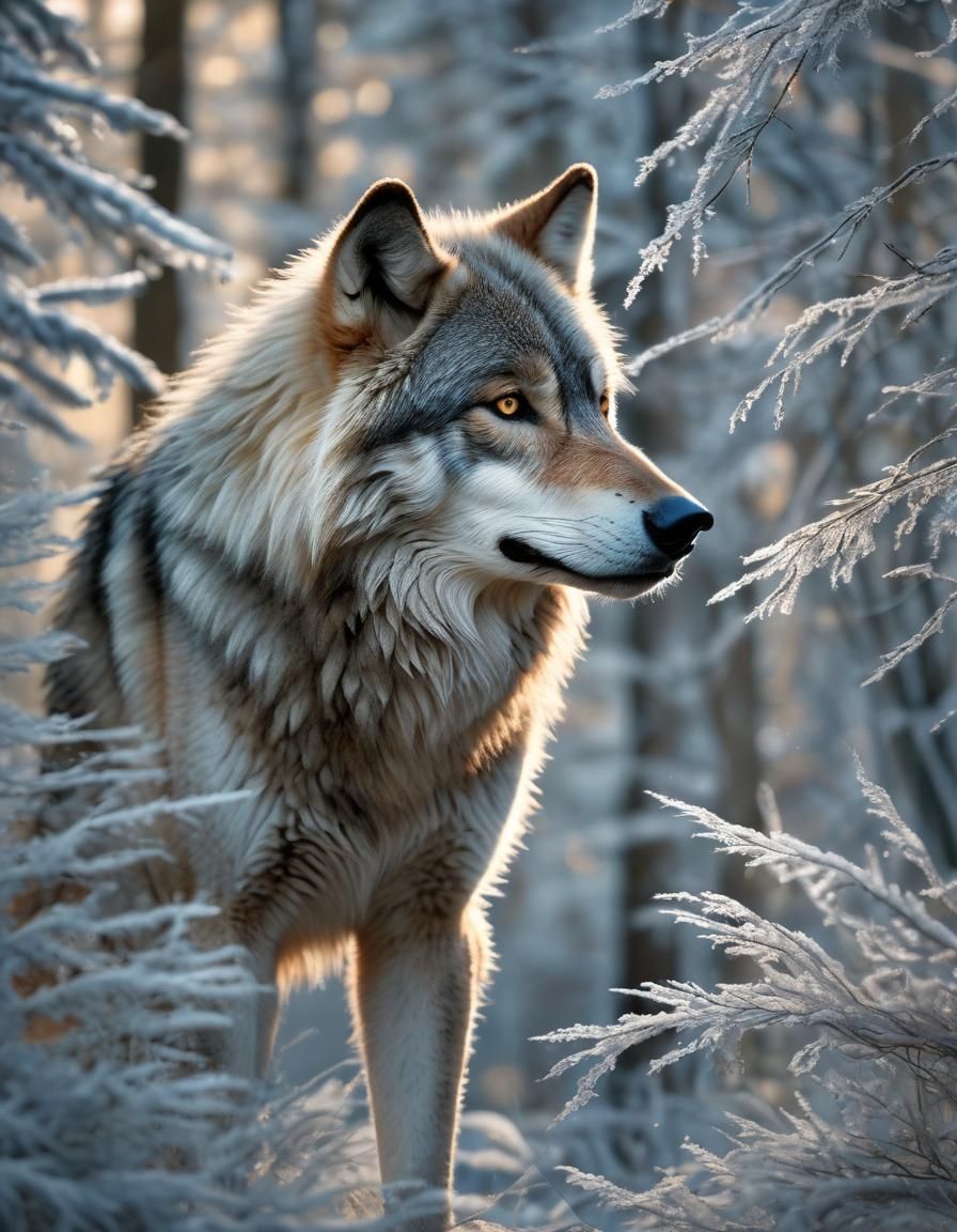 Ethereal Wolf in Winter Wonderland, Hyperrealistic Art