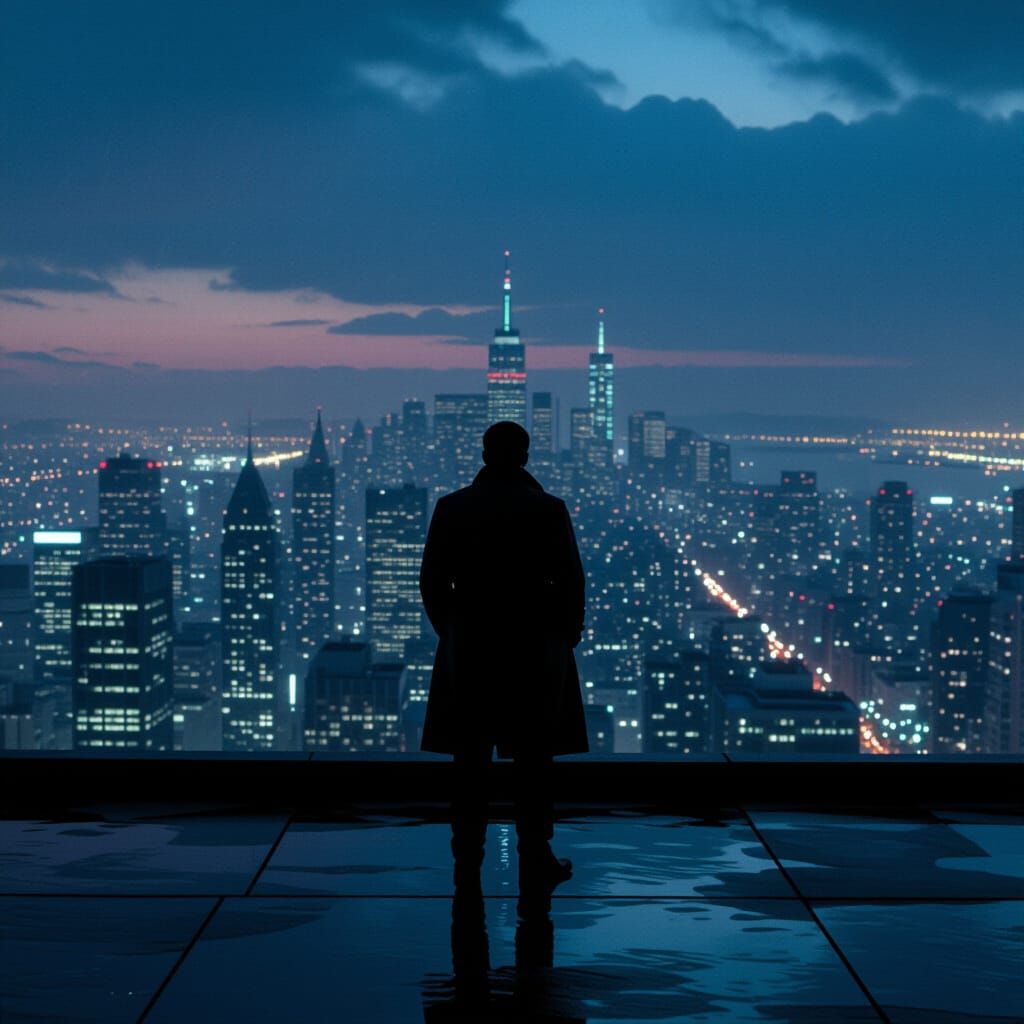 Neon Noir Figure Gazing Over Rain-Slicked Cityscape