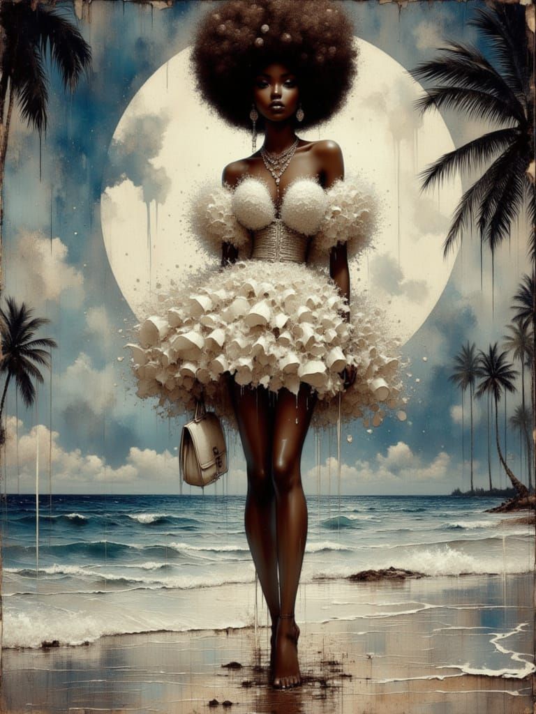 Elegant Woman with Pom Pom Dress, Impasto Painting