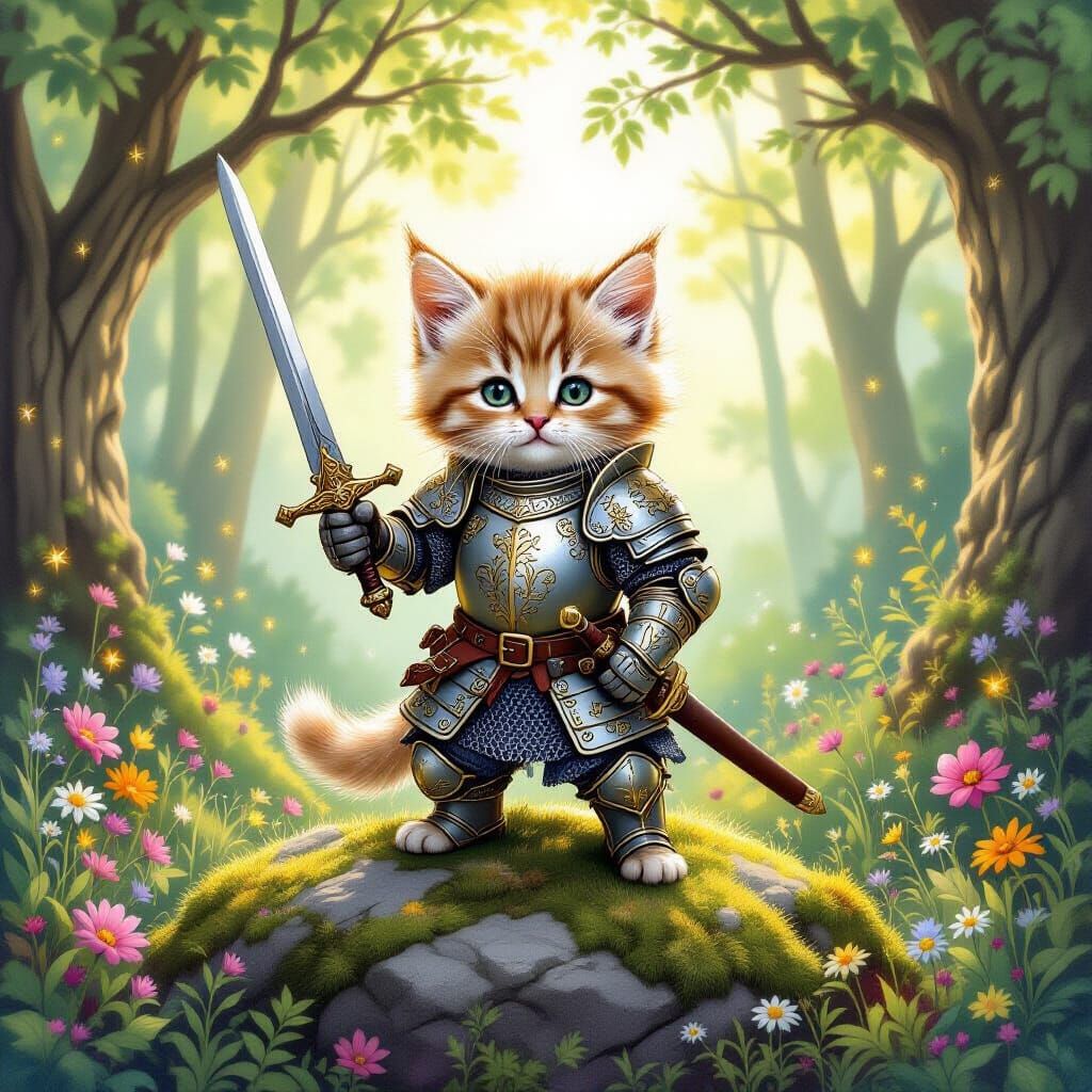 Kitten Knight in Enchanted Forest: Whimsical Illustration