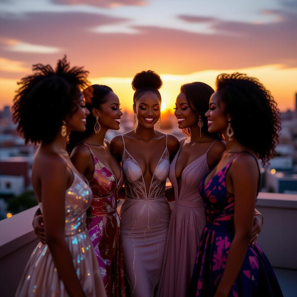 Confident Women Enjoy Sunset Cityscape in Elegant Gowns