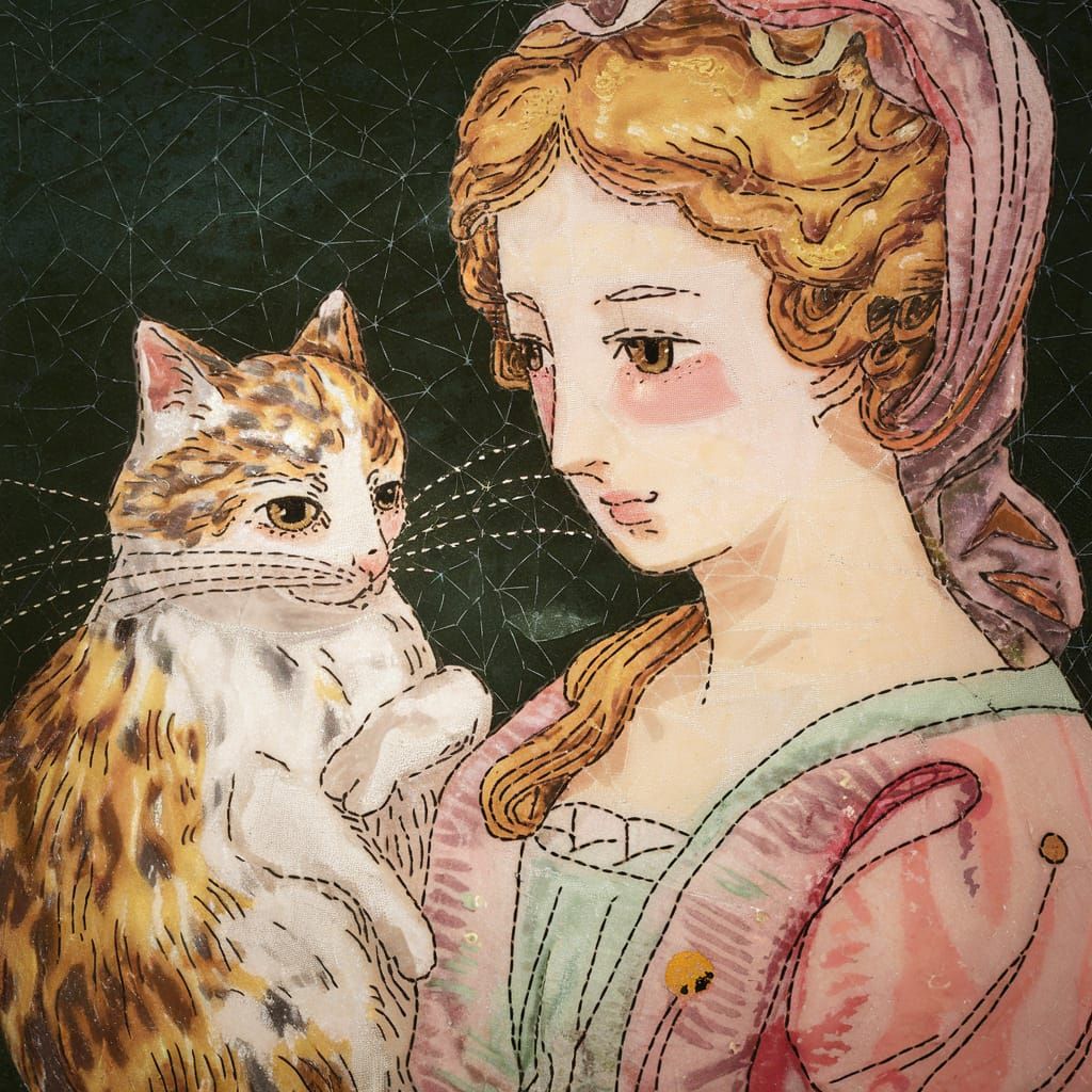 Aged Stumpwork Embroidery of Woman and Cat in Anime Art