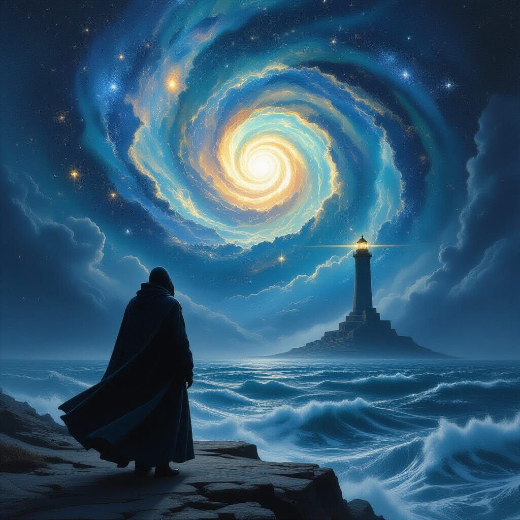 Cosmic Figure Gazing at Starry Lighthouse Sea