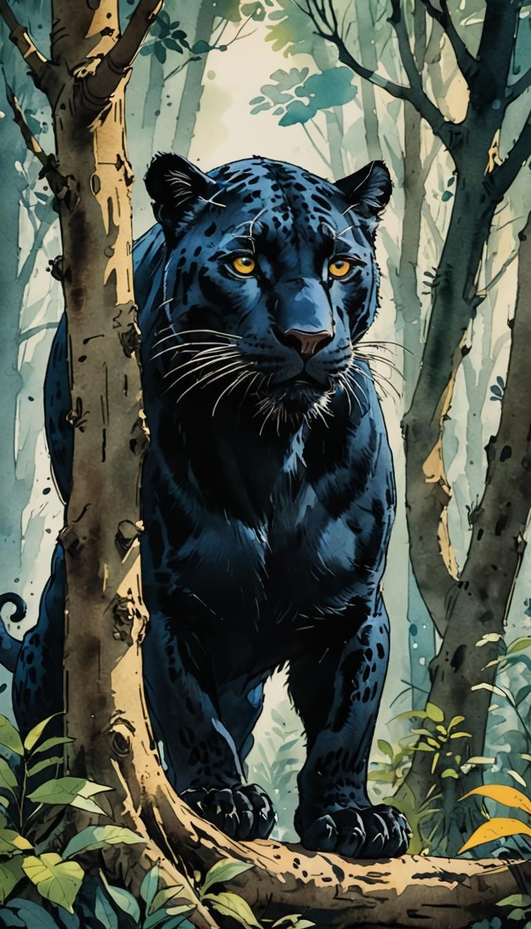 Panther Prowls: Watercolor Woods Portrait with Chinese Detai...