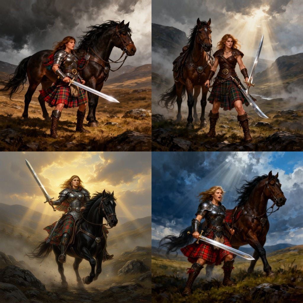 Scottish Female Warrior with Blade and Horse