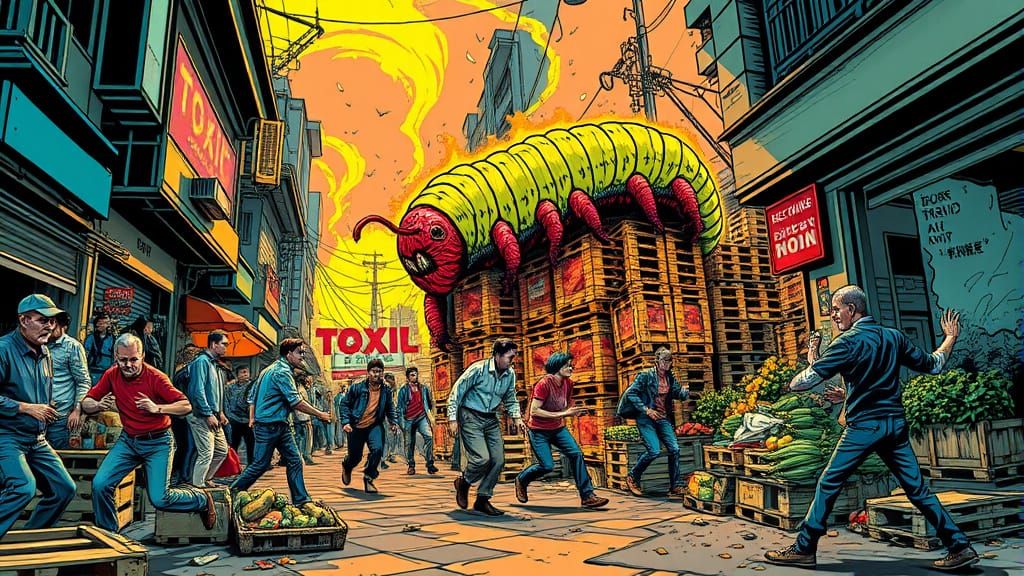 Neon Horror Scene: Mutant Caterpillar Terrorizes Hong Kong M...