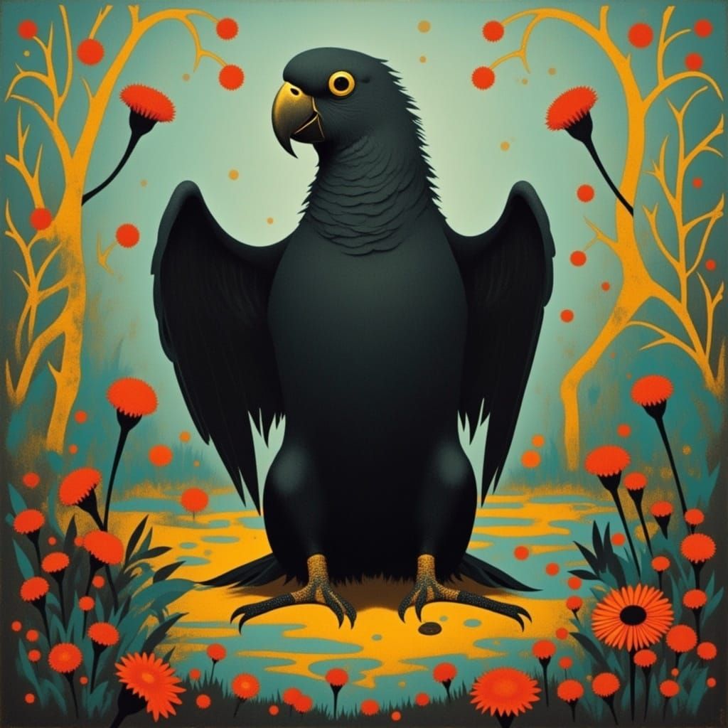 Dark Fantasy Parrot with Clipped Wings in a Haunting Warlock...