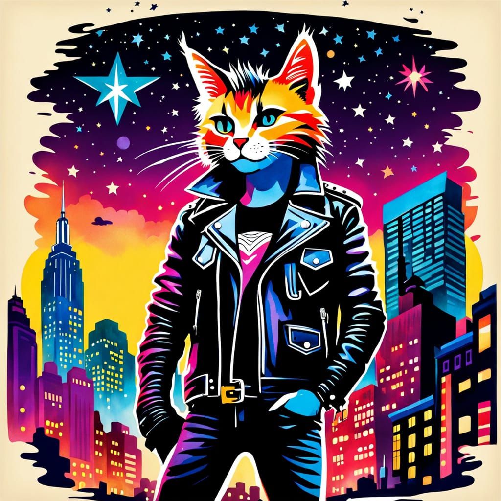 Vintage Punk Kitty Stands in Front of Cyberpunk NYC