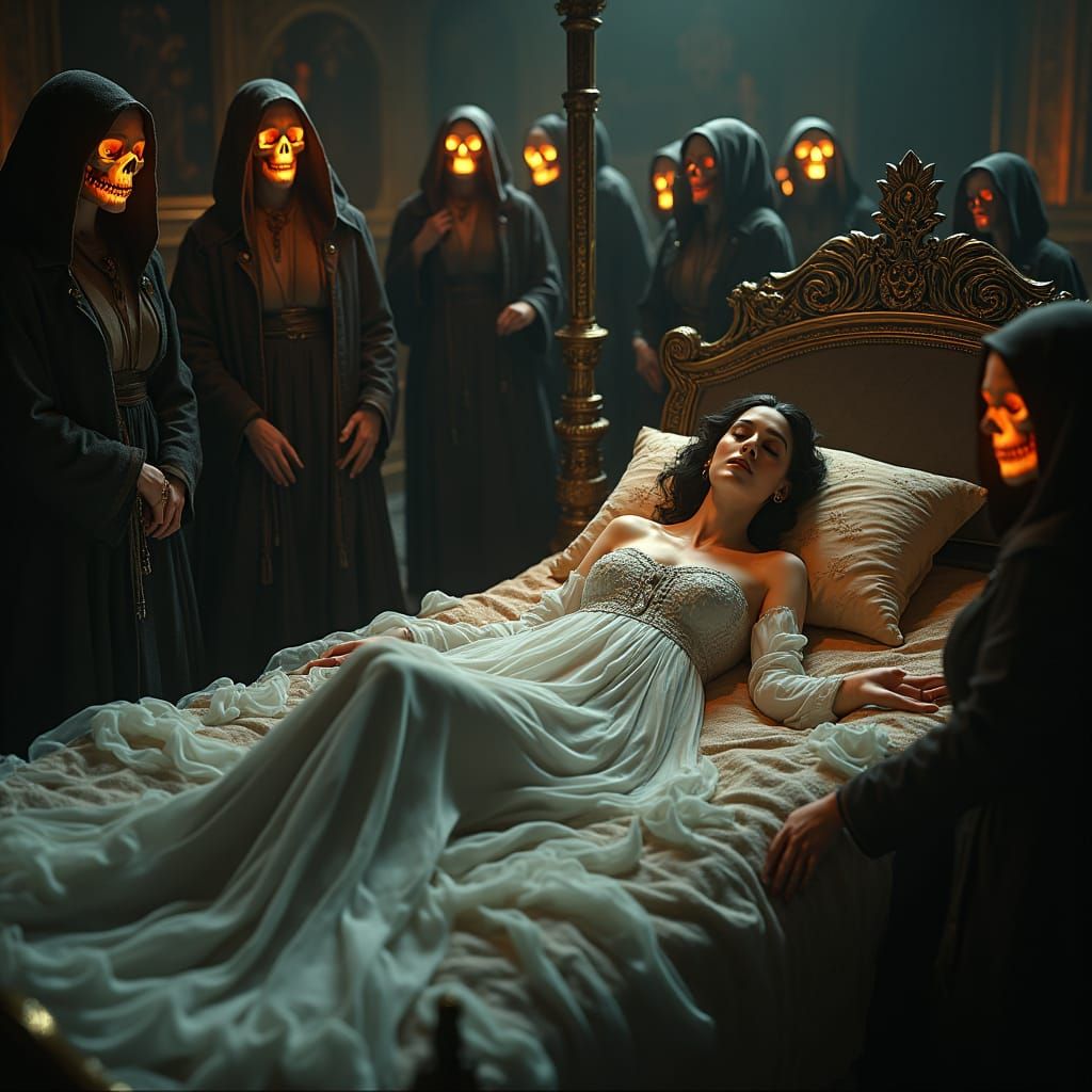 Ethereal Deathbed Scene in Dark Fantasy Art Nouveau Style
