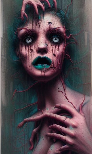 Creepy Woman Portrait in Mixed Media Style