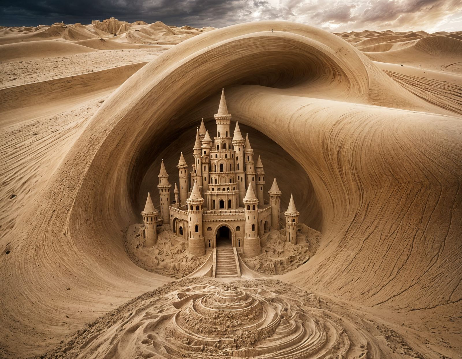 Giant Sand Castle Rises in Desert Whirlwind