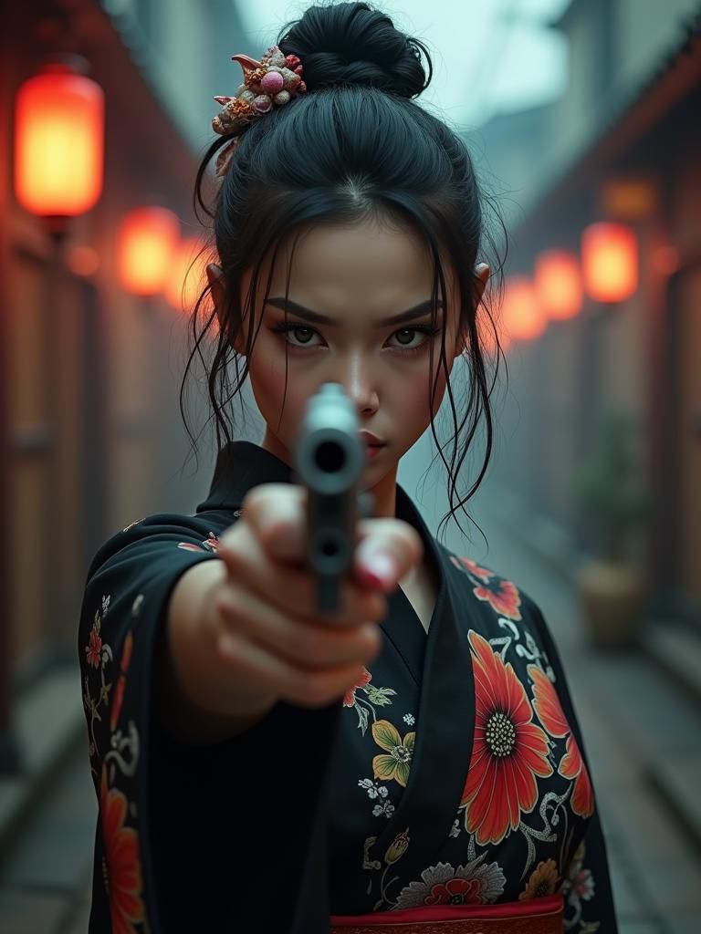 Yakuza Girl Points Gun in Hyper-Real Digital Art
