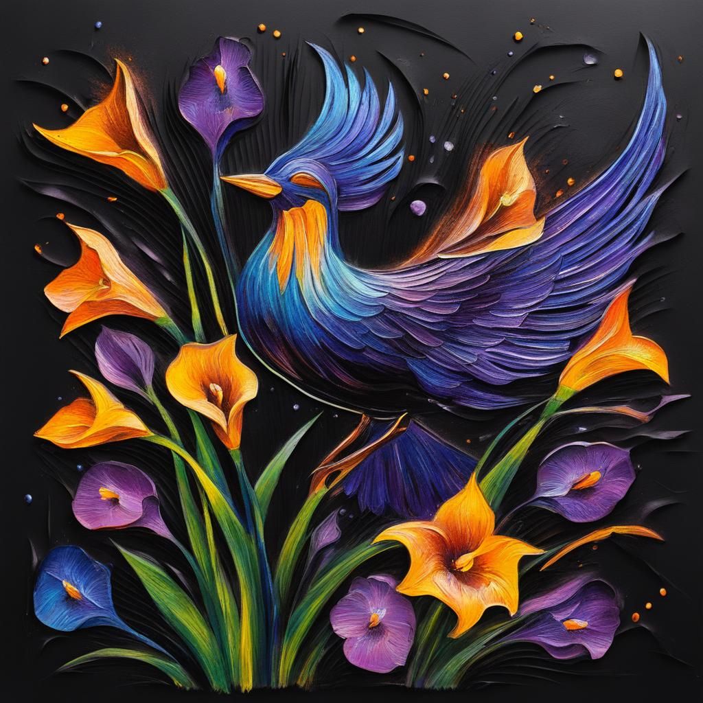 Mythical Copper Bird with Flowers in Acrylic Style