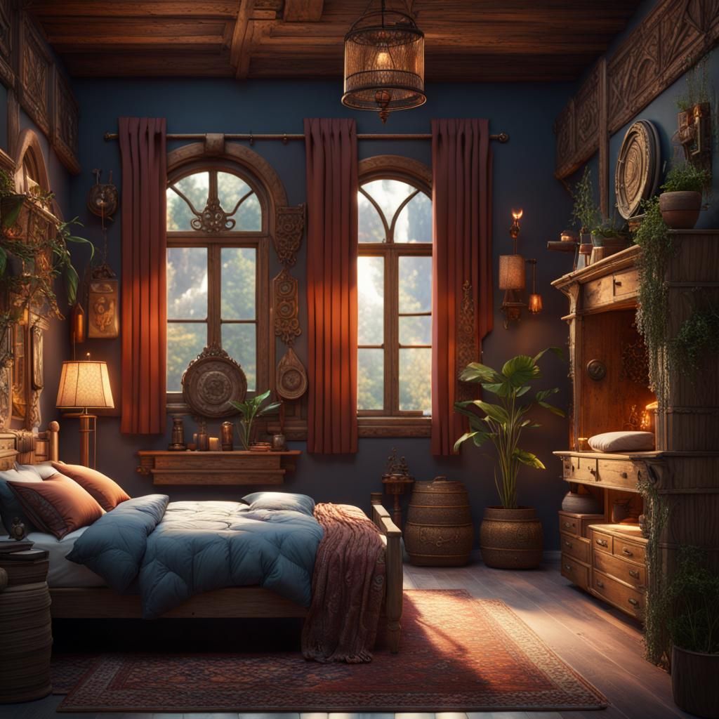 Boho Cozy Bedroom in Detailed Matte Painting