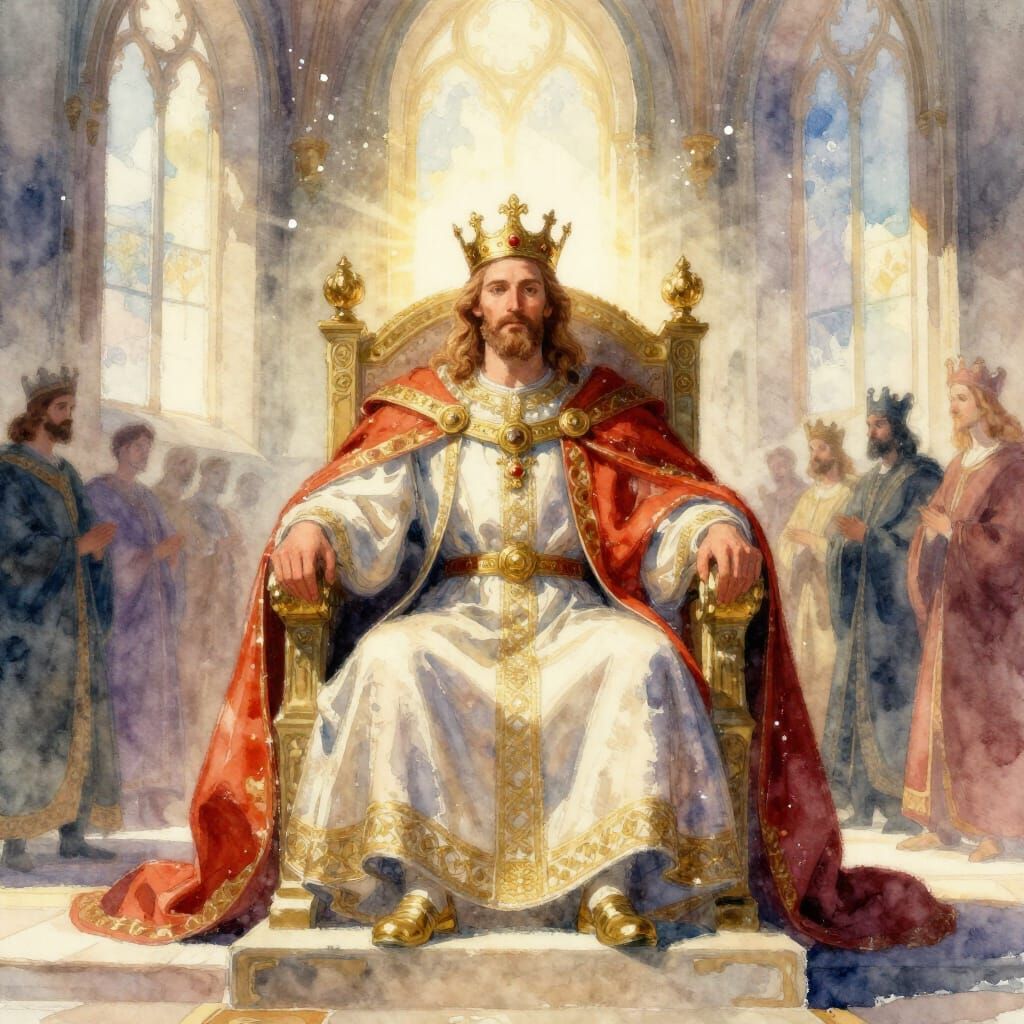 King Symbolizing Millennial Reign in Expressive Watercolor S...