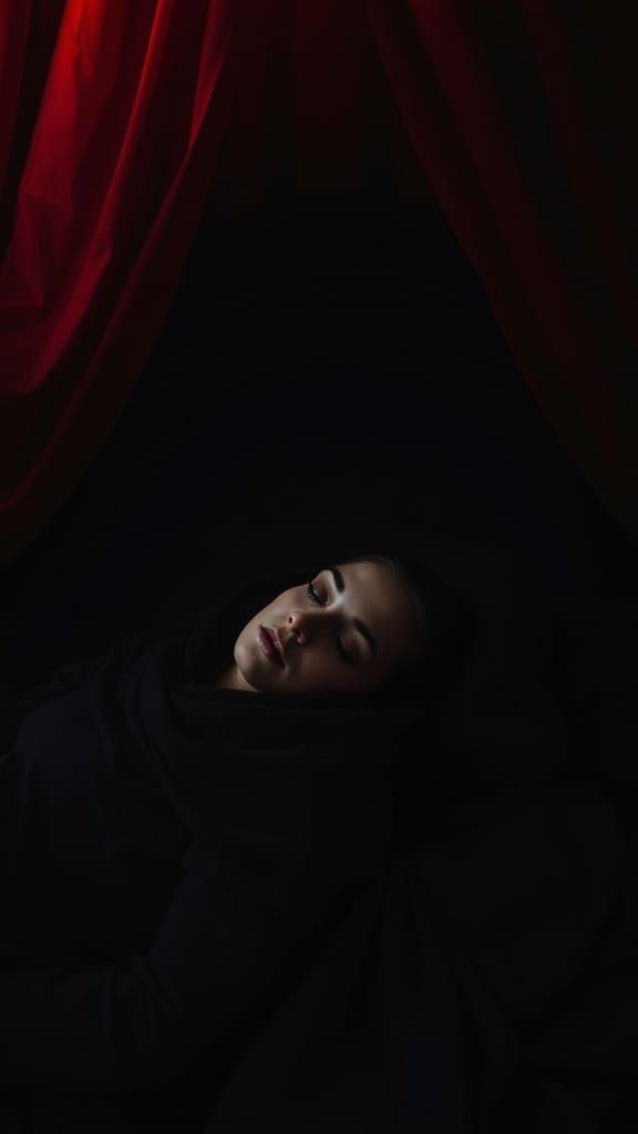 Woman in Canopy Bed with Dark Figure, in Beksiński Style