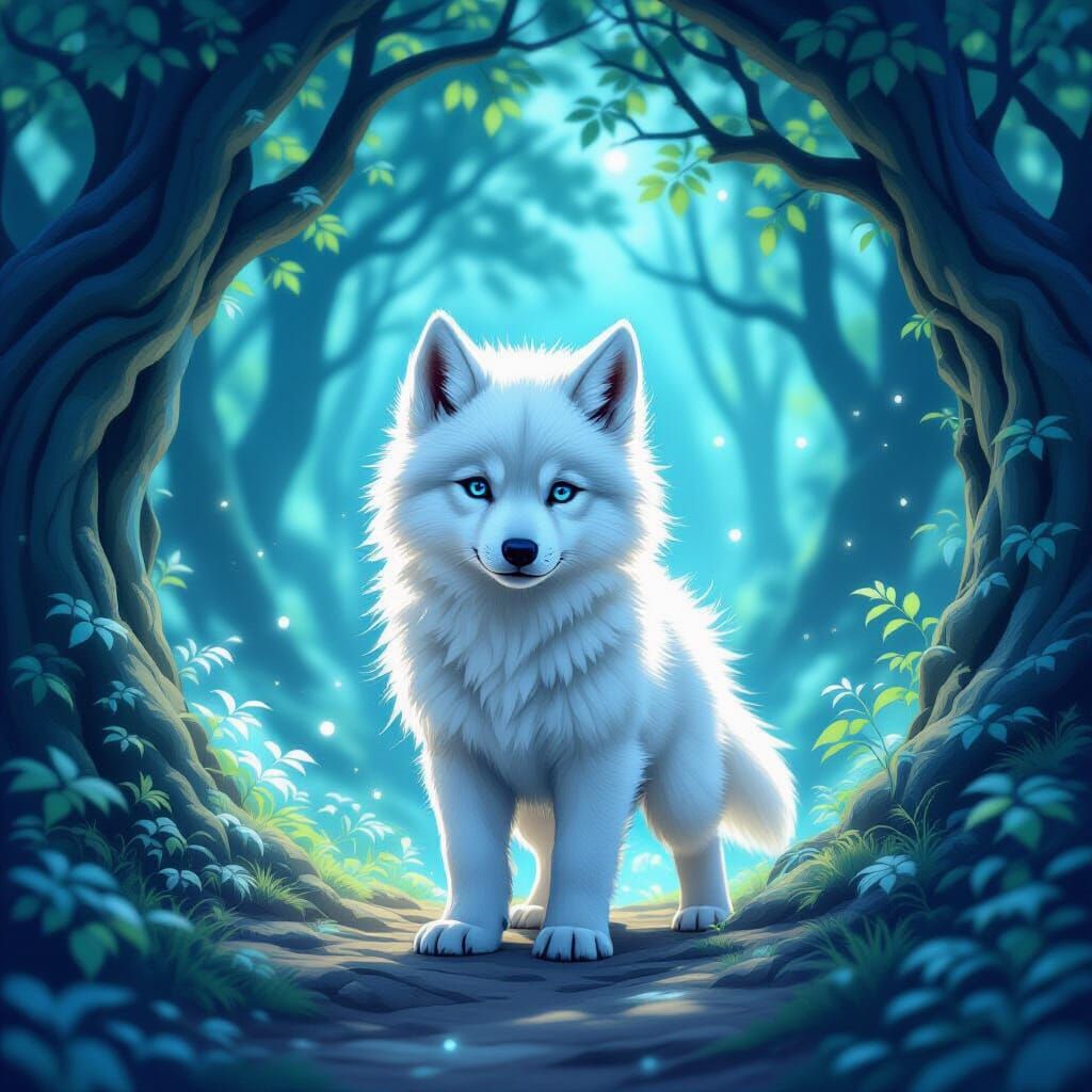 White Wolf Puppy Guards Mystical Portal in Ethereal Forest