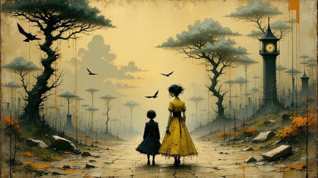 Surreal Boulevard Scene with Victorian Children