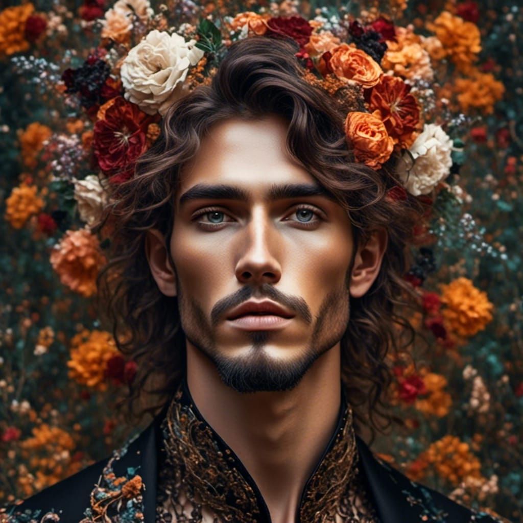 Natural Man Portrait in Floral Cosmic Setting